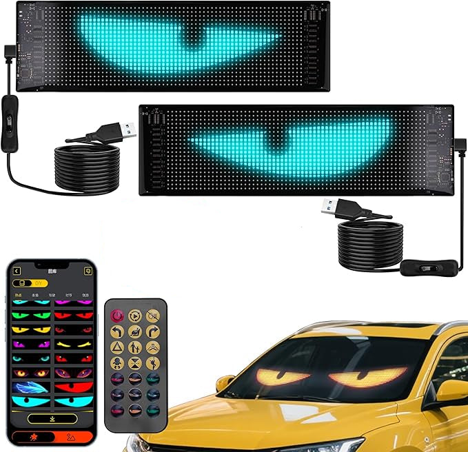 LED display boards with remote control, car charger, and smartphone app for vehicle customization.